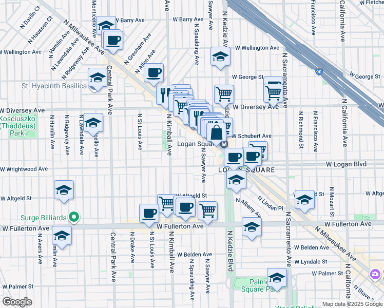 map of restaurants, bars, coffee shops, grocery stores, and more near 2634 North Spaulding Avenue in Chicago