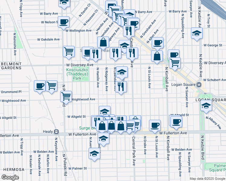 map of restaurants, bars, coffee shops, grocery stores, and more near 2640 North Lawndale Avenue in Chicago