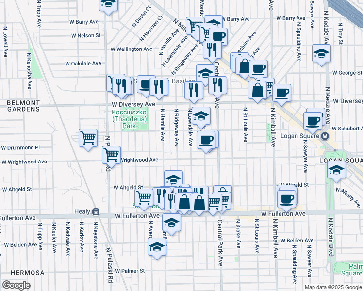 map of restaurants, bars, coffee shops, grocery stores, and more near 2640 North Lawndale Avenue in Chicago