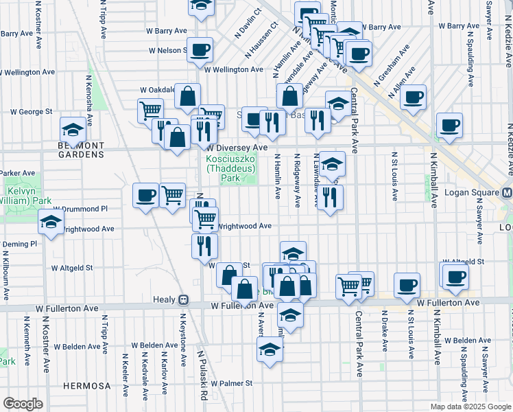 map of restaurants, bars, coffee shops, grocery stores, and more near 2641 North Avers Avenue in Chicago