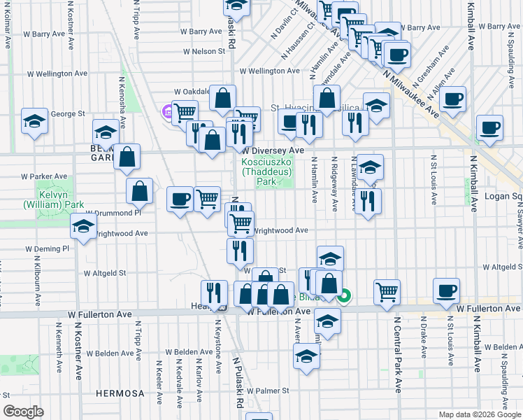 map of restaurants, bars, coffee shops, grocery stores, and more near 2644 North Harding Avenue in Chicago