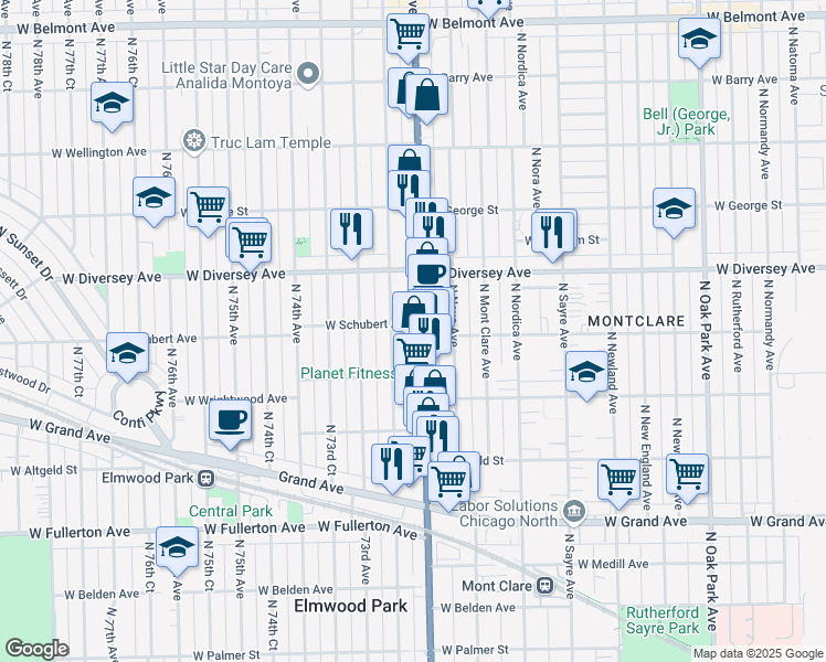 map of restaurants, bars, coffee shops, grocery stores, and more near 2700 North Harlem Avenue in Elmwood Park
