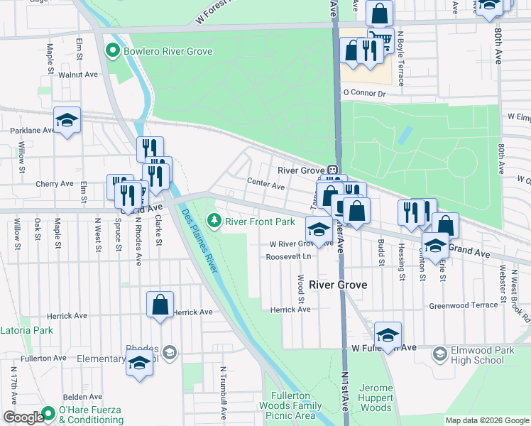 map of restaurants, bars, coffee shops, grocery stores, and more near 8550 Grand Avenue in River Grove