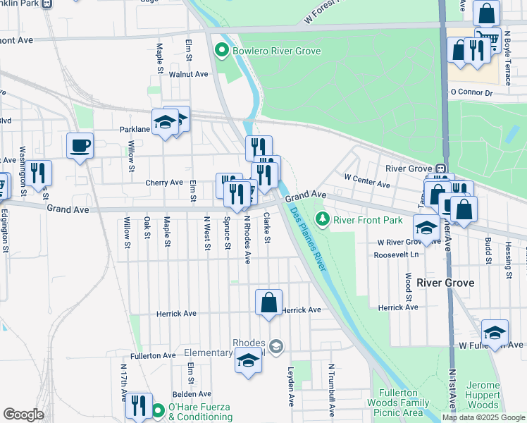 map of restaurants, bars, coffee shops, grocery stores, and more near 8836 West Grand Avenue in River Grove