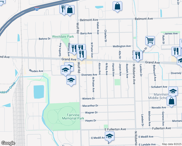 map of restaurants, bars, coffee shops, grocery stores, and more near 909 North Prater Avenue in Melrose Park