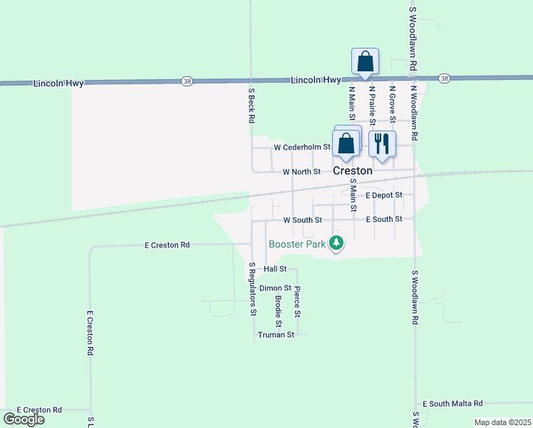 map of restaurants, bars, coffee shops, grocery stores, and more near 208 Ridge Street in Rochelle
