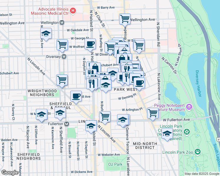 map of restaurants, bars, coffee shops, grocery stores, and more near W Wrightwood Ave & N Orchard St in Chicago
