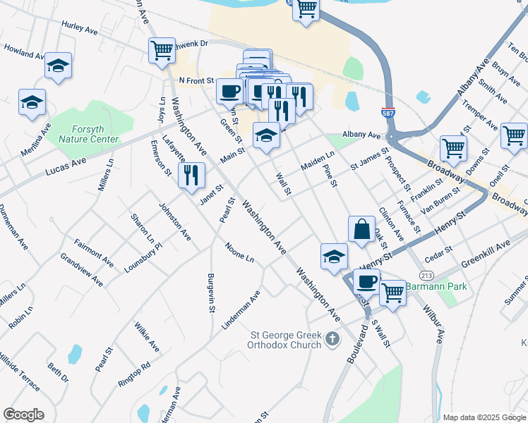map of restaurants, bars, coffee shops, grocery stores, and more near 18 Len Court in Kingston