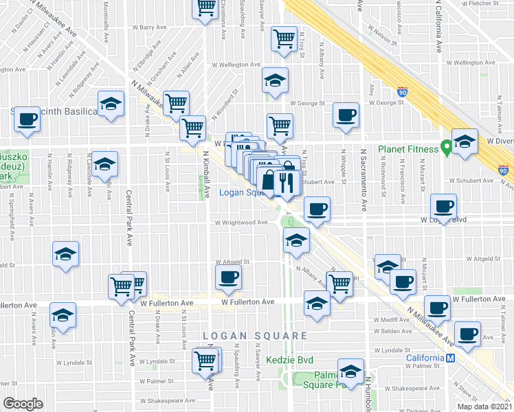 map of restaurants, bars, coffee shops, grocery stores, and more near 2623 North Sawyer Avenue in Chicago