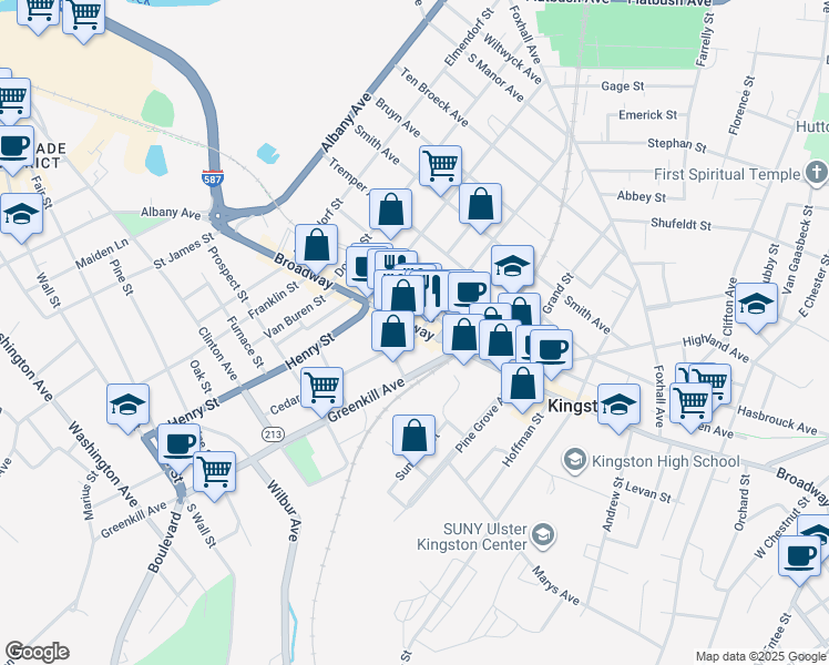 map of restaurants, bars, coffee shops, grocery stores, and more near 594 Broadway in Kingston