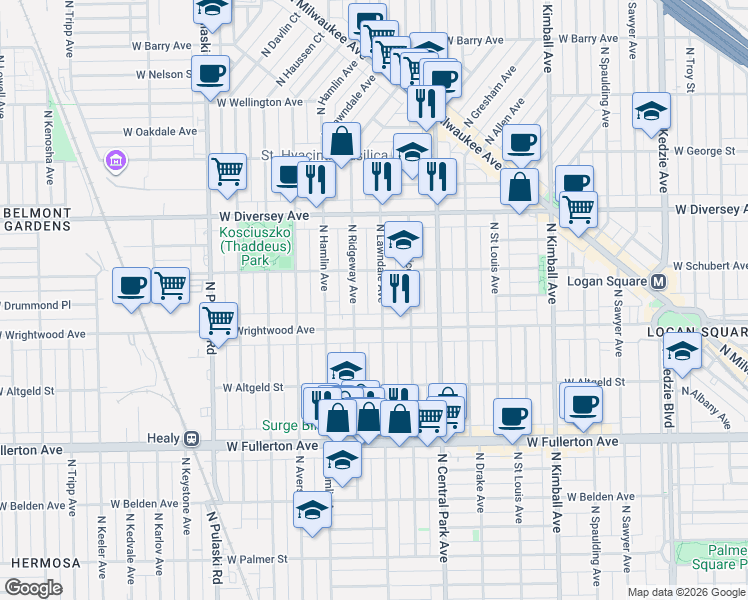 map of restaurants, bars, coffee shops, grocery stores, and more near 2640 North Lawndale Avenue in Chicago