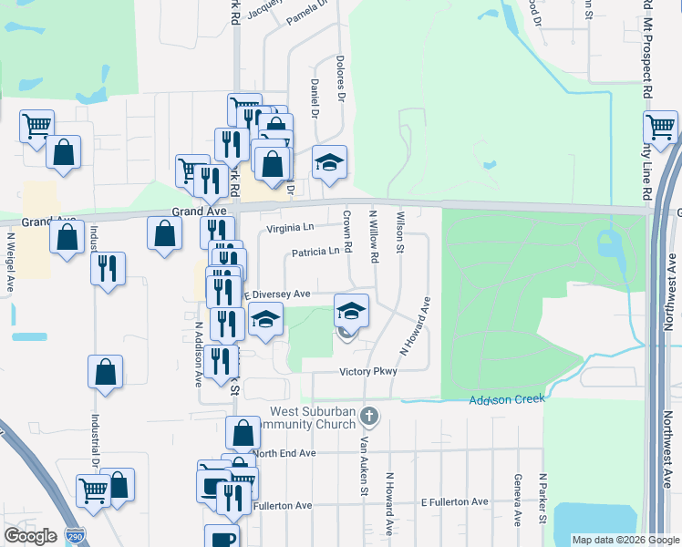 map of restaurants, bars, coffee shops, grocery stores, and more near 11450 Crown Road in Elmhurst