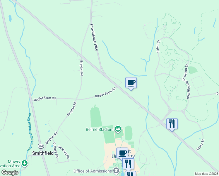 map of restaurants, bars, coffee shops, grocery stores, and more near 1 Rogler Farm Road in Smithfield