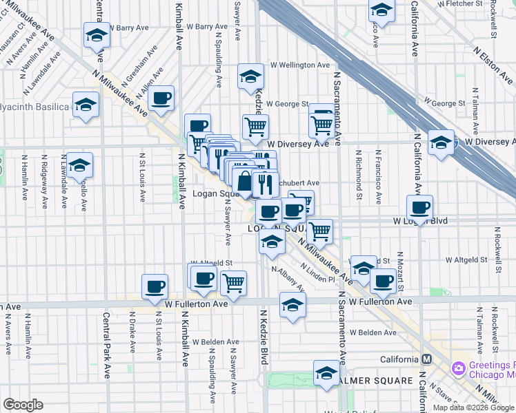 map of restaurants, bars, coffee shops, grocery stores, and more near 2516 North Kedzie Avenue in Chicago