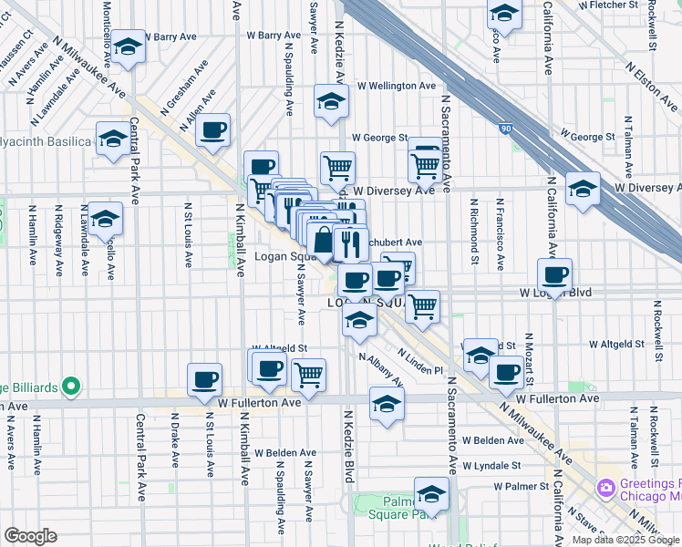 map of restaurants, bars, coffee shops, grocery stores, and more near 2350 North Kedzie Avenue in Chicago