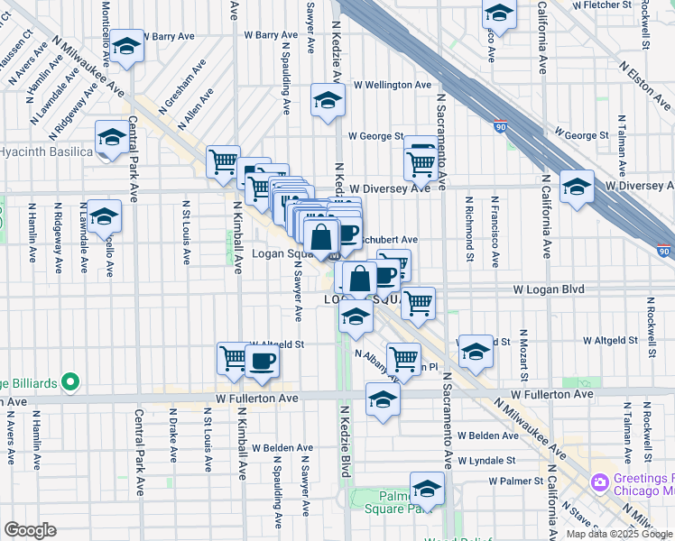 map of restaurants, bars, coffee shops, grocery stores, and more near N Milwaukee Ave & N Kedzie Ave in Chicago
