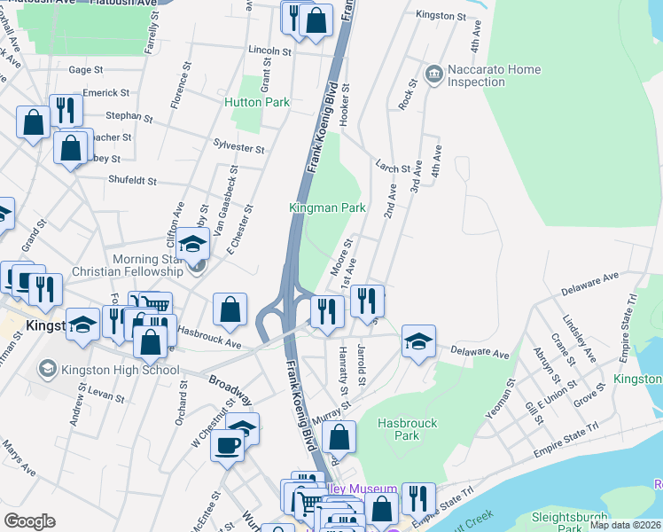 map of restaurants, bars, coffee shops, grocery stores, and more near 99 Moore St in Kingston