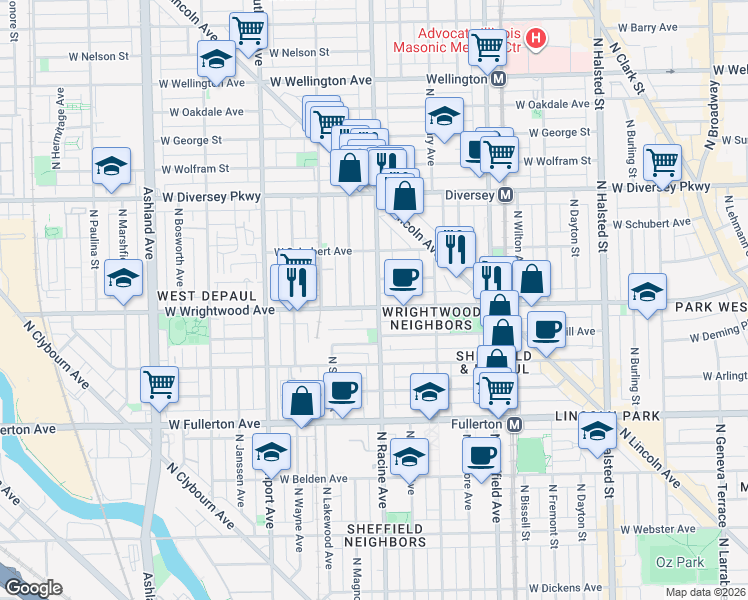 map of restaurants, bars, coffee shops, grocery stores, and more near 2602 North Racine Avenue in Chicago