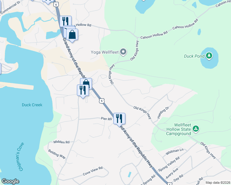 map of restaurants, bars, coffee shops, grocery stores, and more near 531 Old Kings Highway in Wellfleet