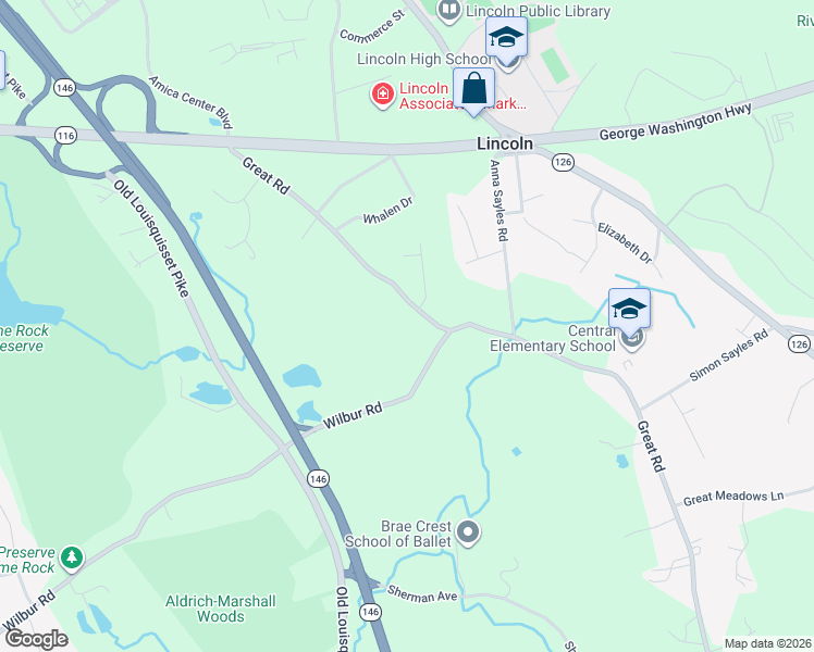 map of restaurants, bars, coffee shops, grocery stores, and more near 2 Whitman Way in Lincoln