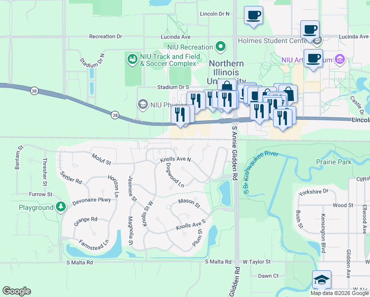 map of restaurants, bars, coffee shops, grocery stores, and more near 319 Barberry Court in DeKalb