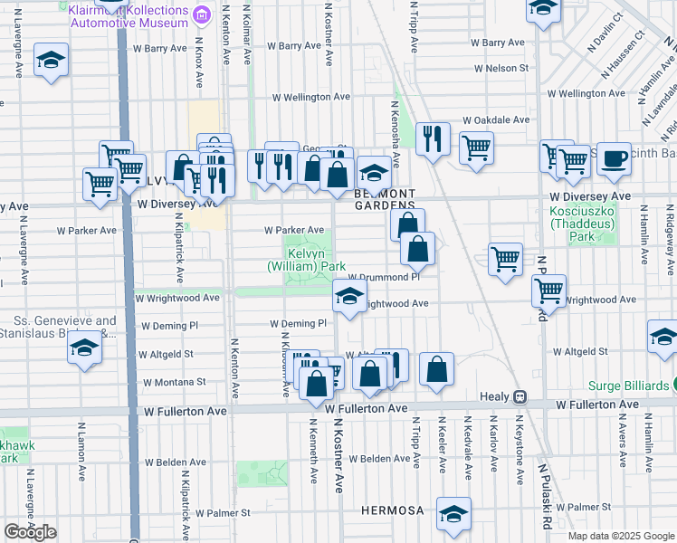 map of restaurants, bars, coffee shops, grocery stores, and more near 4356 West Drummond Place in Chicago