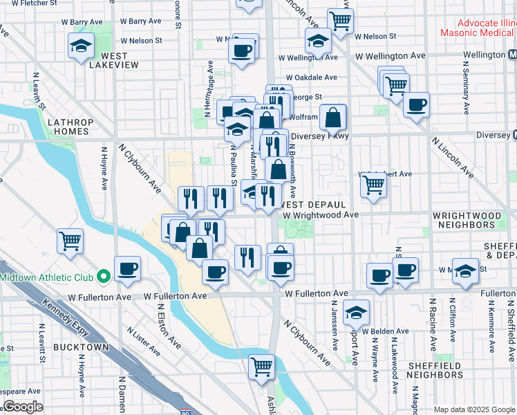 map of restaurants, bars, coffee shops, grocery stores, and more near 1632 West Wrightwood Avenue in Chicago