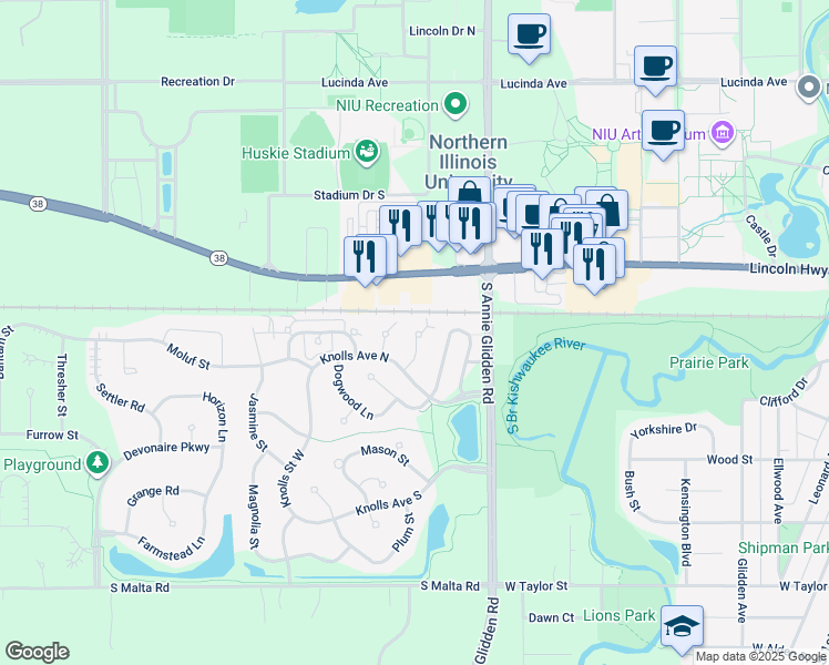 map of restaurants, bars, coffee shops, grocery stores, and more near 321 Ash Court in DeKalb