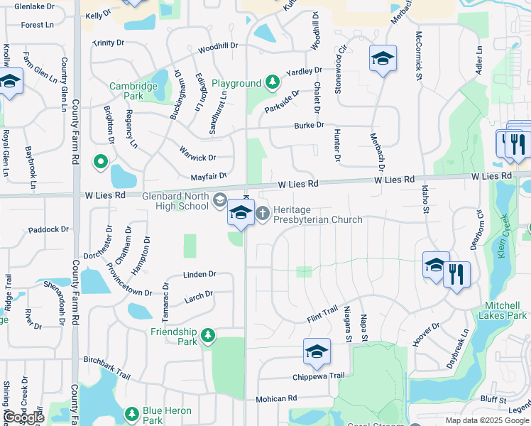 map of restaurants, bars, coffee shops, grocery stores, and more near 1015 Kuhn Road in Carol Stream