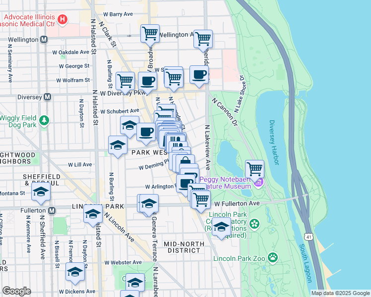 map of restaurants, bars, coffee shops, grocery stores, and more near 432 West Deming Place in Chicago