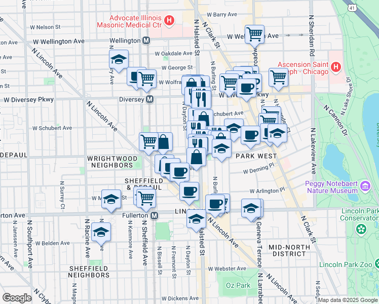 map of restaurants, bars, coffee shops, grocery stores, and more near 812A West Wrightwood Avenue in Chicago