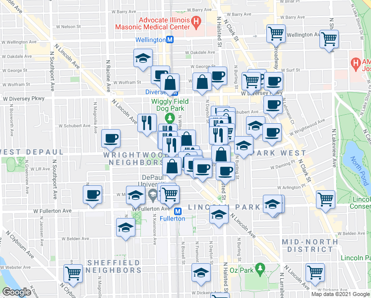 map of restaurants, bars, coffee shops, grocery stores, and more near 2610 North Wilton Avenue in Chicago