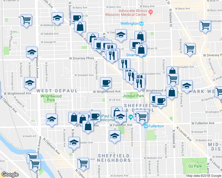 map of restaurants, bars, coffee shops, grocery stores, and more near 2615 North Racine Avenue in Chicago