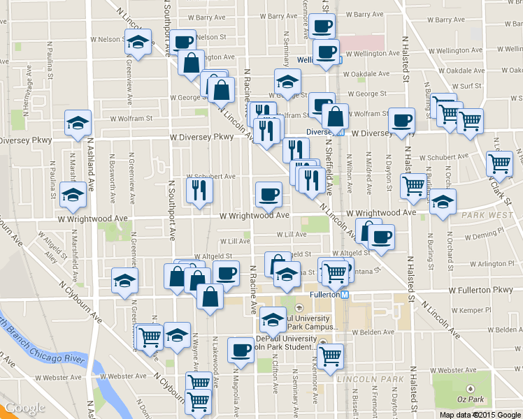 map of restaurants, bars, coffee shops, grocery stores, and more near 2615 North Racine Avenue in Chicago