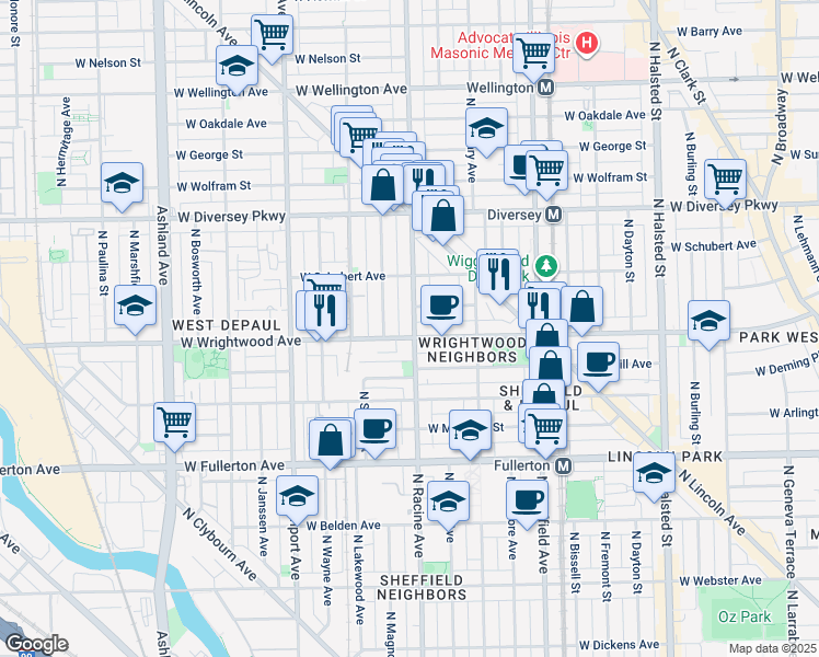 map of restaurants, bars, coffee shops, grocery stores, and more near 2615 North Racine Avenue in Chicago