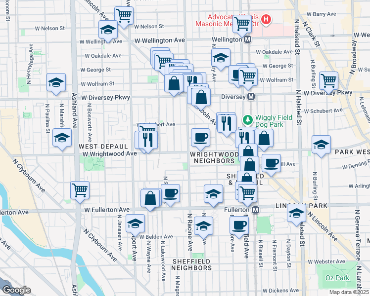 map of restaurants, bars, coffee shops, grocery stores, and more near 2615 North Racine Avenue in Chicago