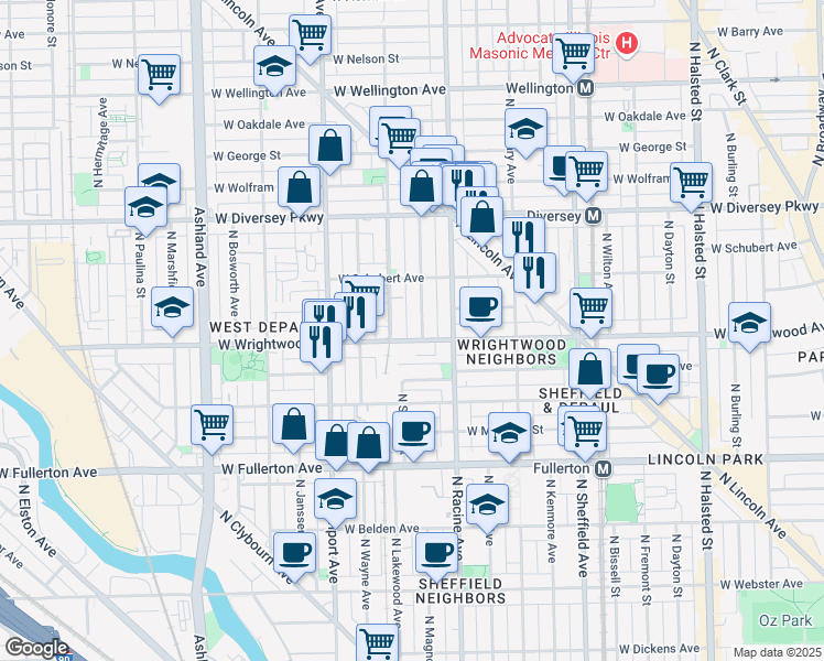 map of restaurants, bars, coffee shops, grocery stores, and more near 2618 North Magnolia Avenue in Chicago