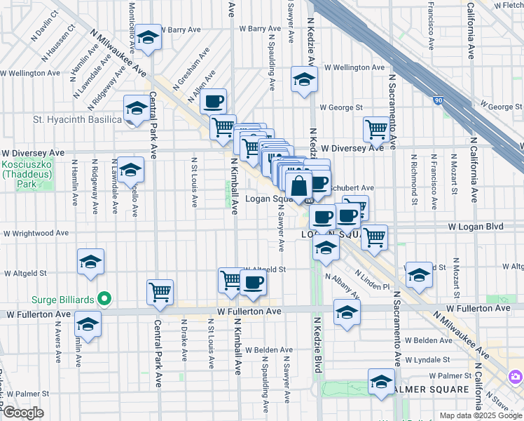 map of restaurants, bars, coffee shops, grocery stores, and more near 2634 North Spaulding Avenue in Chicago