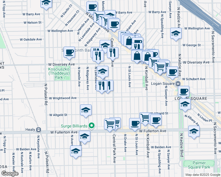 map of restaurants, bars, coffee shops, grocery stores, and more near 2641 North Central Park Avenue in Chicago
