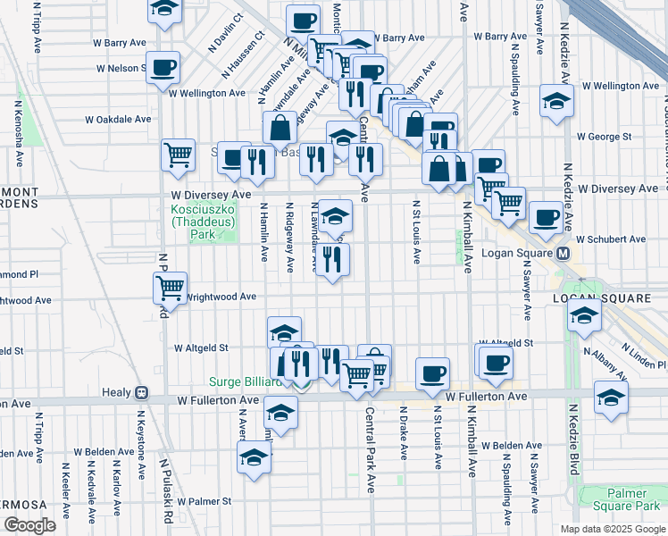 map of restaurants, bars, coffee shops, grocery stores, and more near 2636 North Monticello Avenue in Chicago