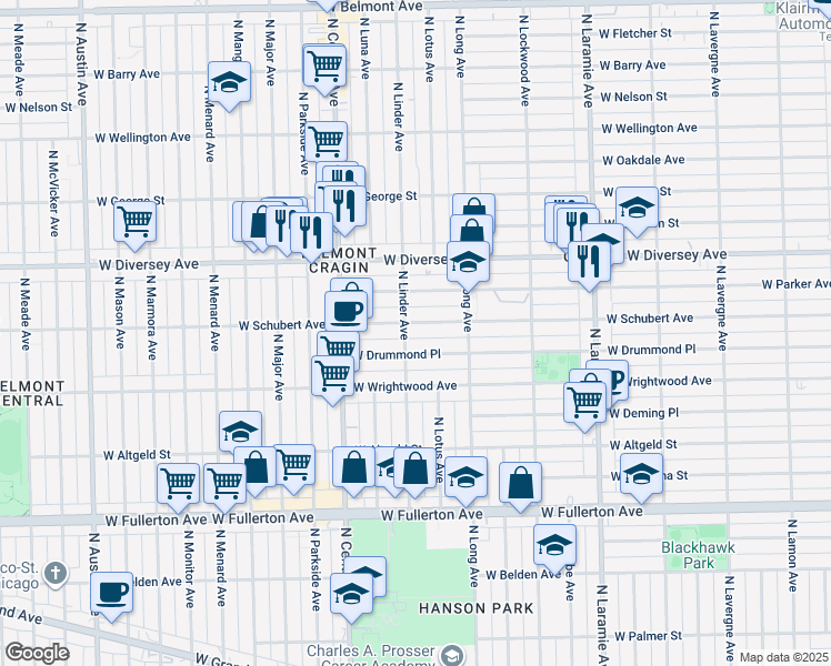 map of restaurants, bars, coffee shops, grocery stores, and more near 5454 West Schubert Avenue in Chicago