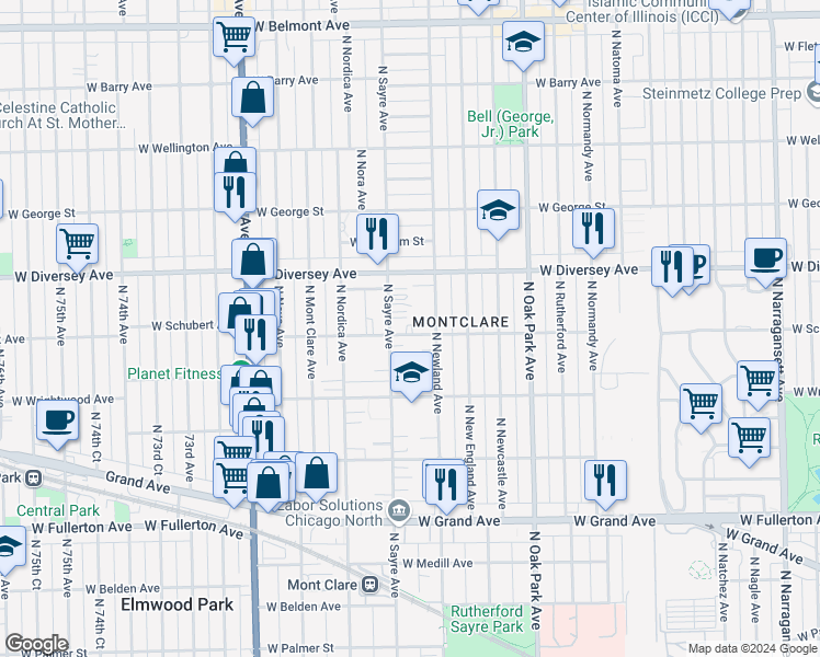 map of restaurants, bars, coffee shops, grocery stores, and more near 2712 North Newland Avenue in Chicago