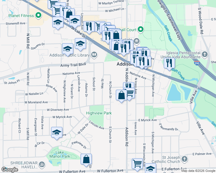 map of restaurants, bars, coffee shops, grocery stores, and more near 112 North Church Street in Addison