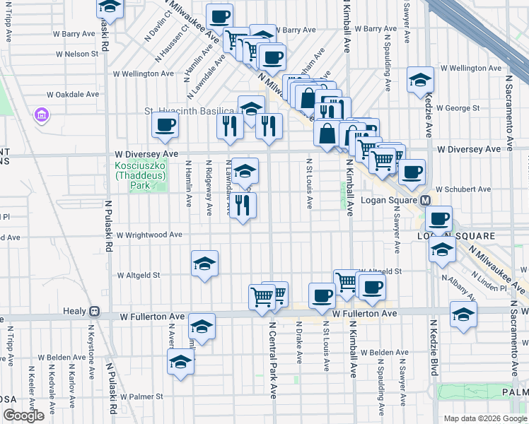 map of restaurants, bars, coffee shops, grocery stores, and more near 2641 North Central Park Avenue in Chicago