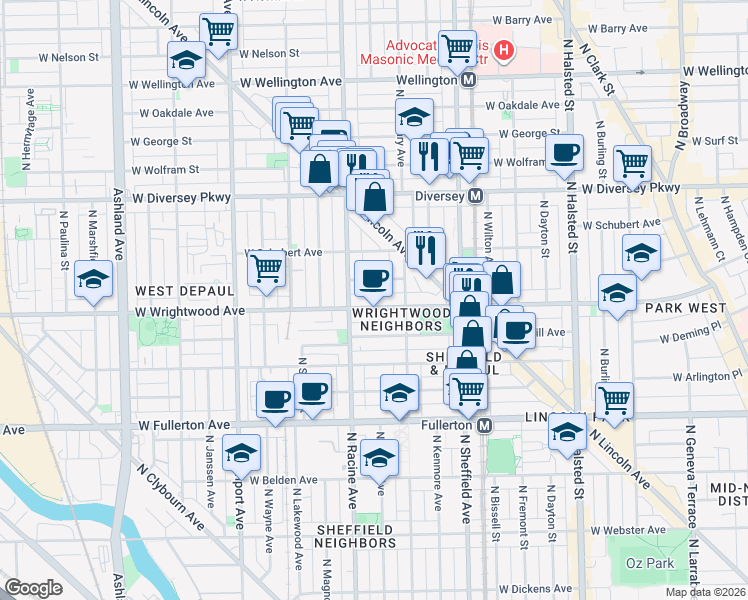 map of restaurants, bars, coffee shops, grocery stores, and more near 1121 West Drummond Place in Chicago