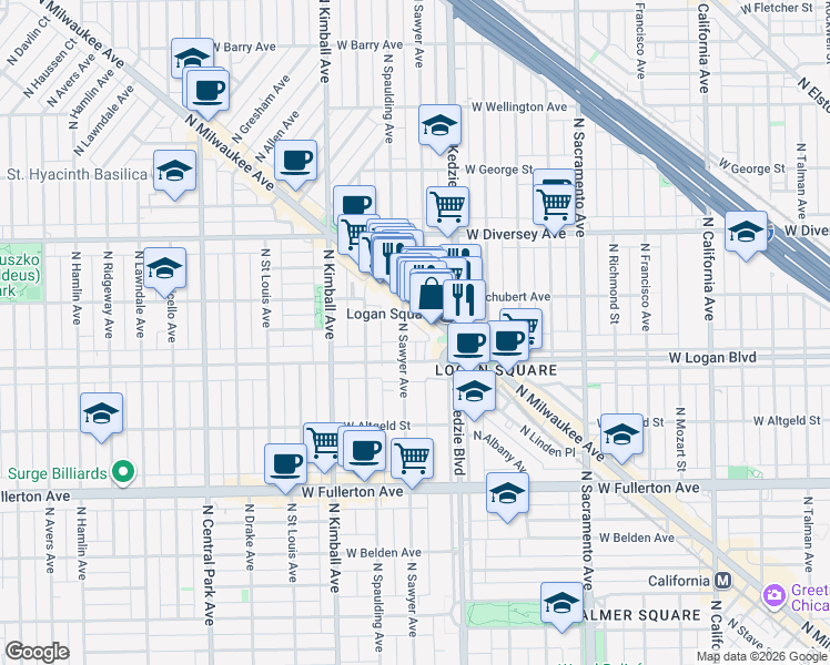 map of restaurants, bars, coffee shops, grocery stores, and more near 2634 North Sawyer Avenue in Chicago