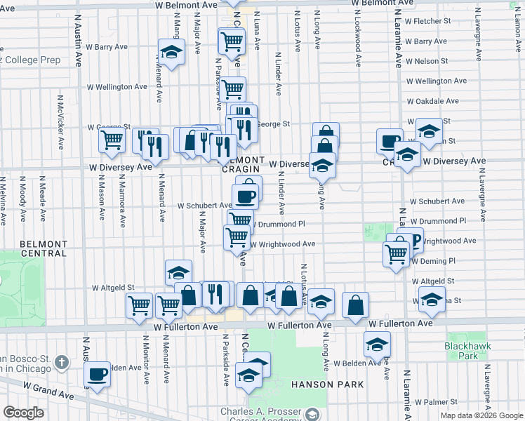 map of restaurants, bars, coffee shops, grocery stores, and more near 5532 West Schubert Avenue in Chicago