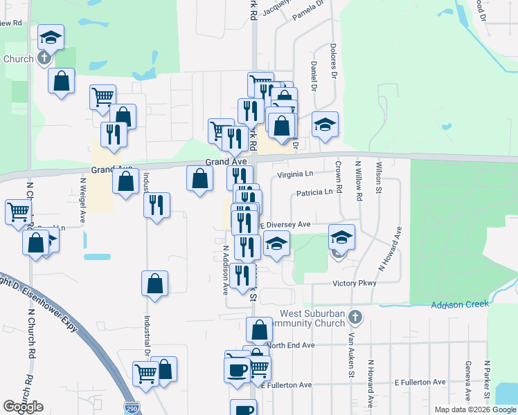 map of restaurants, bars, coffee shops, grocery stores, and more near 964 Virginia Lane in Elmhurst