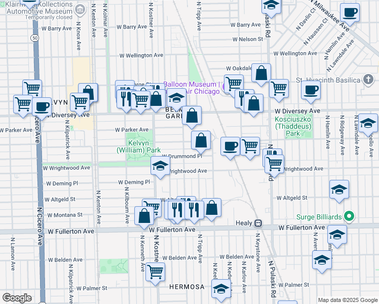map of restaurants, bars, coffee shops, grocery stores, and more near 2635 North Kildare Avenue in Chicago