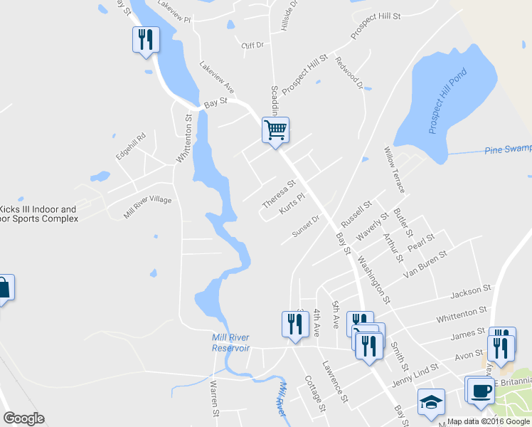 map of restaurants, bars, coffee shops, grocery stores, and more near 80 Theresa Street in Taunton